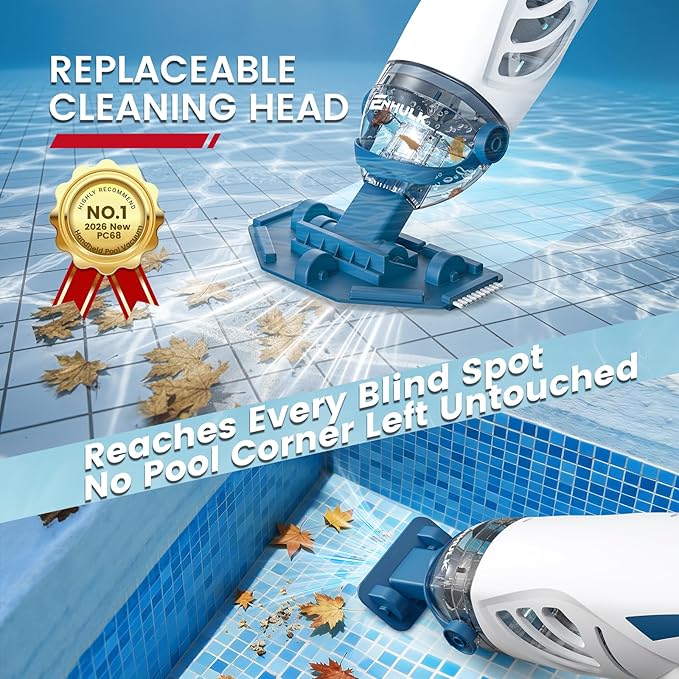 ENHULK Pool Vacuum for Above Ground Pool with 9' Extension Pole, 4 Filters, 26.5 Gallons/Min Powerful Suction, 1H Runtime, Cordless Handheld Pool Cleaner for Above/Inground Pools, PC68 Pro