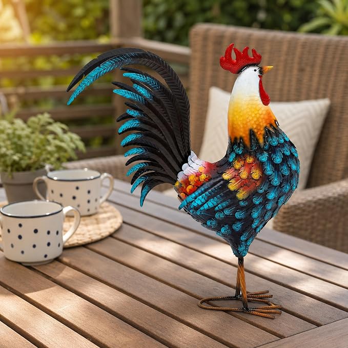 32in Large Metal Rooster Decor, Outdoor Garden Statues, Metal Chicken Sculpture for Backyard Patio Garden Kitchen Décor