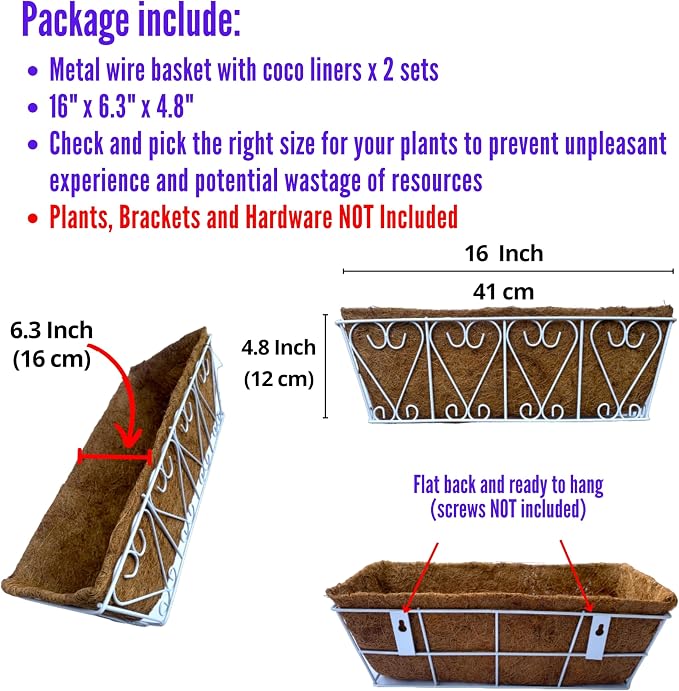 LaLaGreen Wall Hanging Planter - 2 Pack, 16 Inch Deck Railing Planter, Window Flower Boxes Basket Outdoor White Deck Railing Hanging Pot Coco Liner Metal Plant Holder Fence Planter Balcony Patio Porch