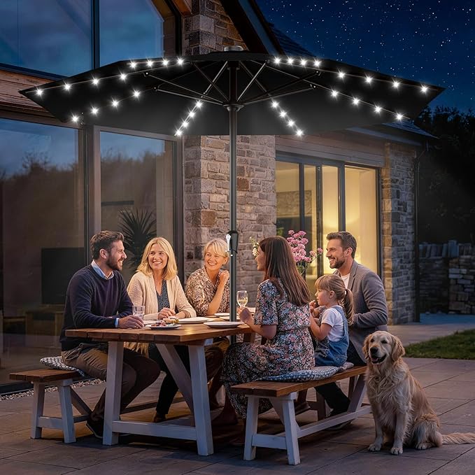 AreShark 11FT Large Patio Umbrella with Solar Lights, Lighted Solar Umbrella with Crank, Outdoor Table Market Umbrellas for Garden, Deck, Backyard, Pool and Beach, Black