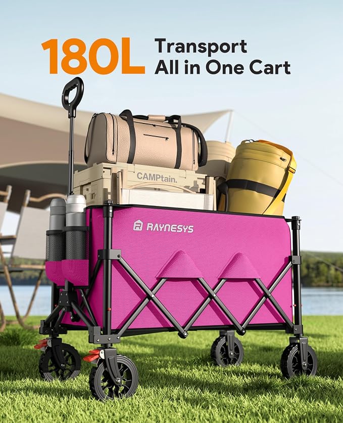 Wagons Carts Foldable, Collapsible Foldable Wagon 330lbs Capacity, Large Capacity Wagon Cart with All-Terrain Wheels,Heavy Duty Utility Wagons Cart with Brakes for Camping Shopping Sports, Pink