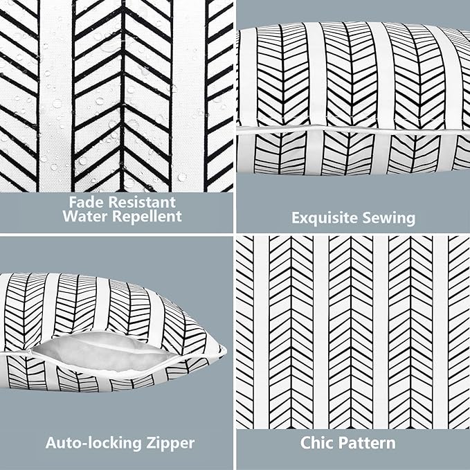 LVTXIII 2 Pack Outdoor Lumbar Pillow Covers 12x20 Inch with Piping, Water-Repellent Back Cushion Covers ONLY for Patio Furniture, Sofa, Garden Bench, Herringbone Black White