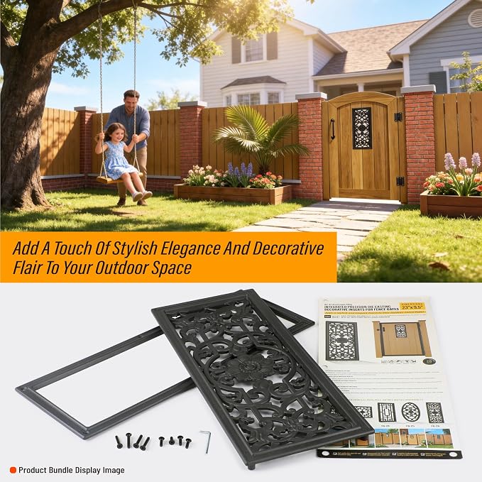 Decorative Inserts for Fence Gates, Aluminum Alloy Ornamental Panels Outdoor Home Garden Decor, Rect Floral, 22.9"x9.25"