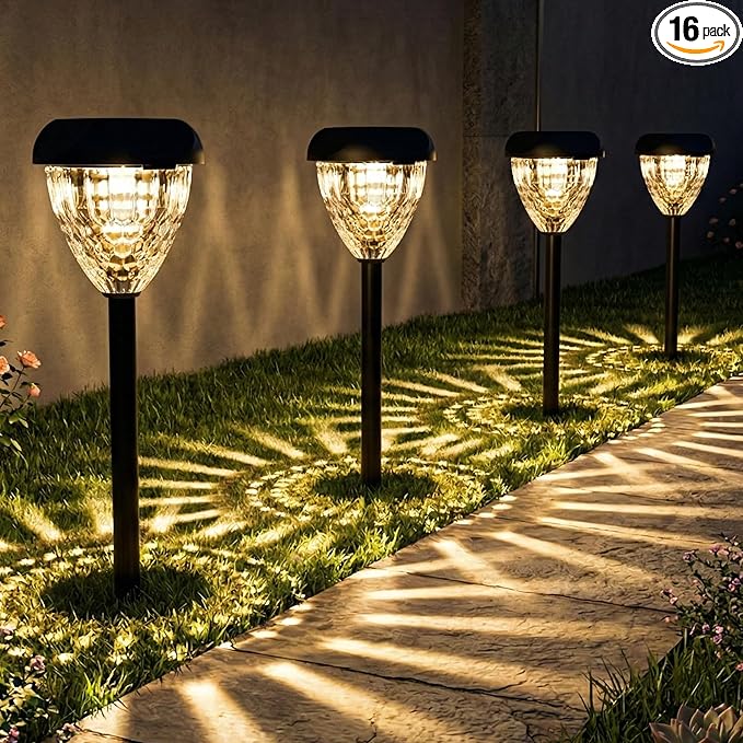 Ensenior Solar Pathway Lights Outdoor - 14.17" Height, 3000K LED Landscape Garden Lights, IP65 Waterproof, Tool-Free Auto ON/Off for Garden Yard Patio Walkway Landscape, 16-Pack