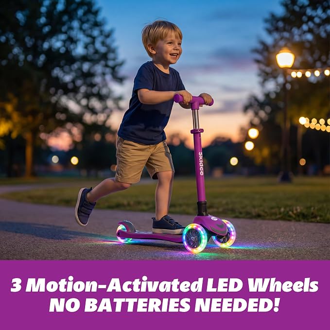 SKIDEE Kick Scooter for Kids Ages 3-5 | Foldable 3 Wheel Scooter with Lean-to-Steer, Adjustable Height, Removable Seat & LED Light Wheels | Toddler Scooter Up to 12 Year Old Boys/Girls