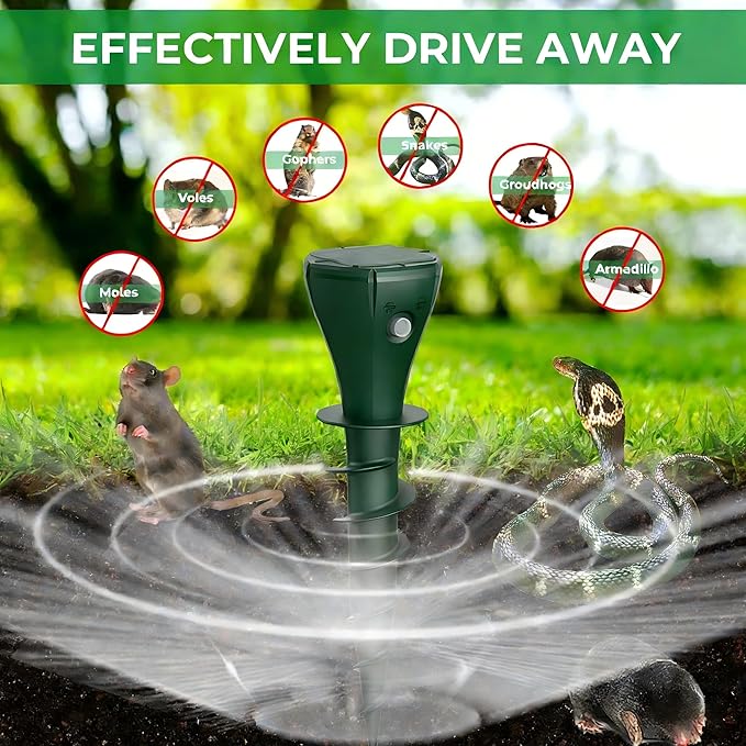 Solar Powered Mole Repellent for Lawns, 8 Packs Ultrasonic Vole Repeller Outdoor, IP 65 Waterproof Outdoor Ultrasonic Mole Deterrent Get Rid of Gopher Vole Skunk Groundhog Snake in Garden Yard Lawn