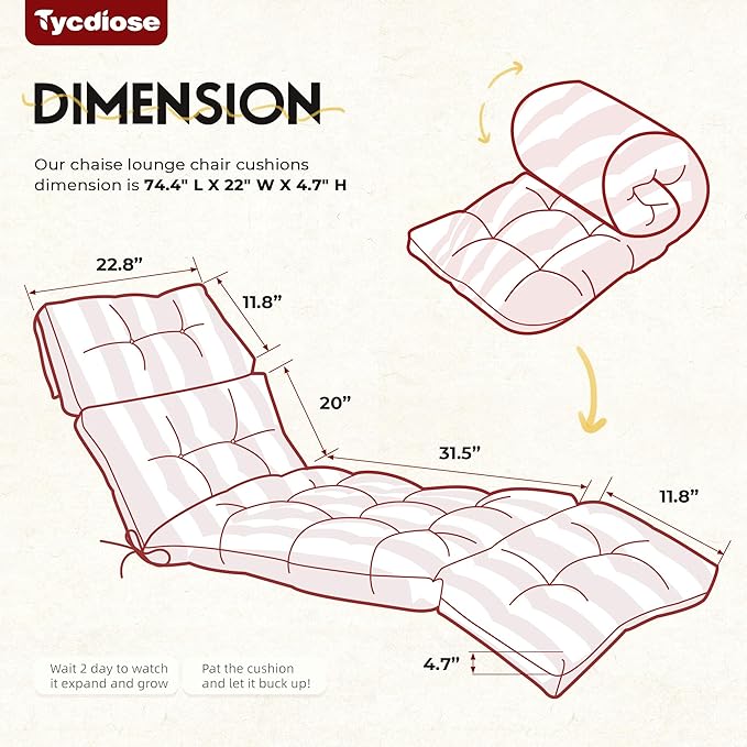 Outdoor Chaise Lounge Chair Cushion Set of 4, Waterproof 74.4 x 22 x 4.7 Inches Memory Foam Thickened Lounge Chair Cushions Replacement for Outdoor Furniture with Ties, Stripe Red&White