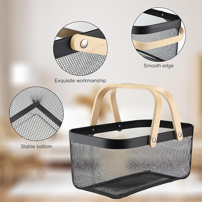 Sadnyy 4 Pcs Black Easter Metal Wire Storage Basket with Handle Mesh Harvest Durable Vegetables Fruit Toy Basket for Garden Organizing, Kitchen, Countertop, Closet, Bedroom (16 x 9.8 x 7.1 Inch)