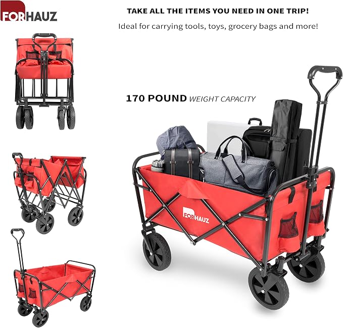 ForHauz Folding Collapsible Heavy Duty Wagon Cart with All-Terrain Wheels for Outdoor Utility, Beach and Garden, Red