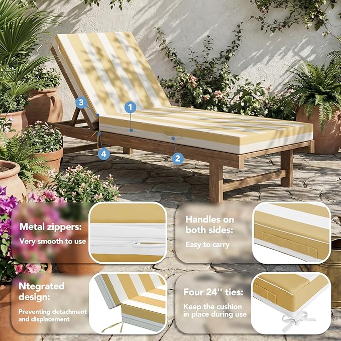 L'AGRATY Outdoor Lounge Chaise Cushion: 72x21x3 Inch Waterproof Lounge Chair Cushion for Outdoor Furniture with Fade Resistant Removable Cover - Patio Cushions for Pool Lawn Deck(Khaki White 1Pack)