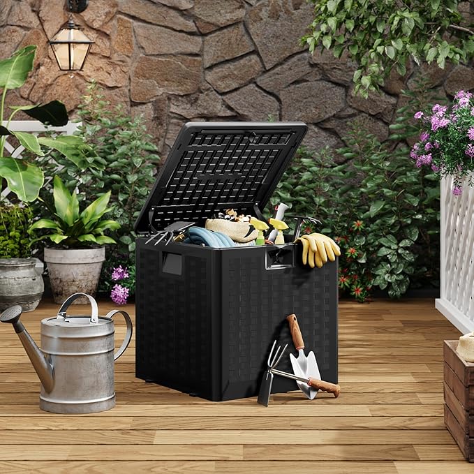 Garvee 28 gal Outdoor Storage Box with Lid, Weather-Resistant Plastic Deck Box, Lockable Outdoor Storage Bin for Patio Furniture, Gardening Tools and Accessories, Black