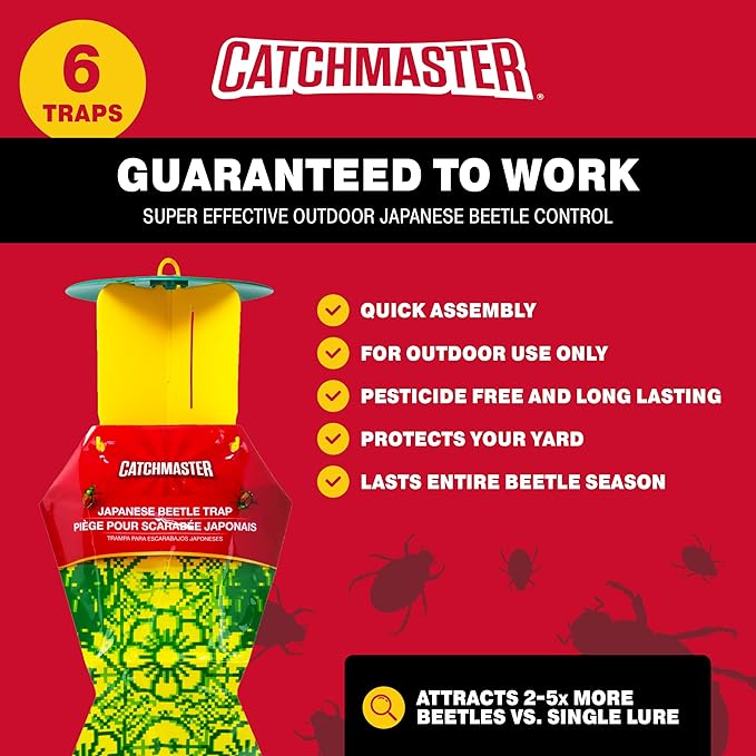 Catchmaster Japanese Beetle Traps Outdoor 6PK, Flying Insect Trap Bag with Lid & Dual Pheromone Food Lure, Hanging Bug Catcher Pest Control for Backyard & Garden, Plants, Trees, Vegetables & Flowers