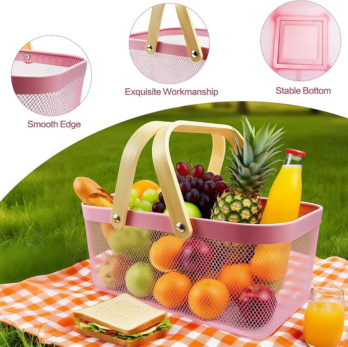 Cheardia 2 Pack Picnic Baskets, Metal Mesh Harvest Basket with Foldable Wooden Handle, Rectangle Garden Storage Basket Bin for Vegetable Fruit Garden Kitchen Cabinet Picking Gathering, Pink