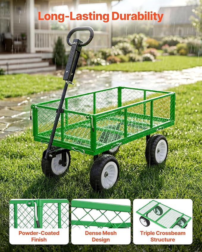 VEVOR 900 LBS Steel Garden Cart, 2 in 1 Handle, Heavy Duty Pullable Garden Wagon with 10" Flat-Free Tires, Outdoor Utility Yard Wagon Cart with Detachable Side Panels, Attach to ATV or Tractor
