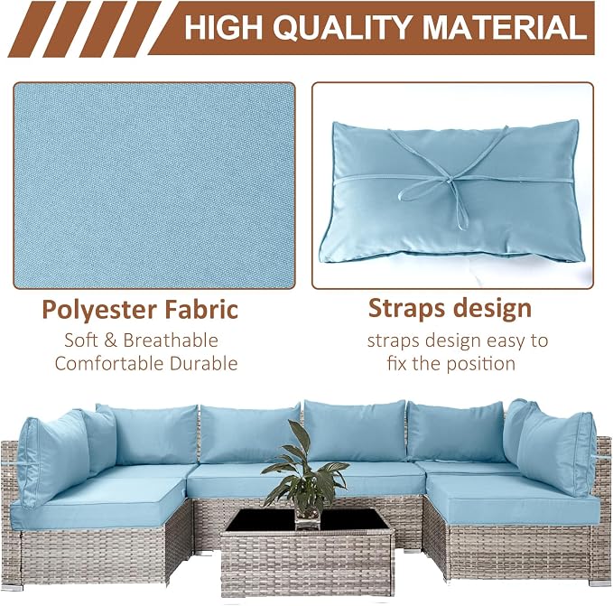 14 Piece Outdoor Patio Cushion Covers Replacement, Waterproof Outdoor Furniture Cushion Covers, Fit 7 Pcs 6 Seater Wicker Rattan Conversation Sofa Set,Light Blue(Only Cover) 25.6x25.6