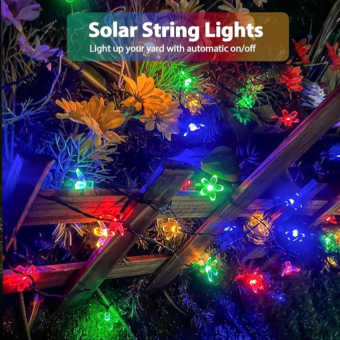 OZS 2PK 80LED 50FT Flower Solar String Lights Outdoor Waterproof, Cherry Blossoms Multicolor Lights with 8 Lighting Modes, Garden Decor for Outside, Pathway Light for Fence, Patio, Yard
