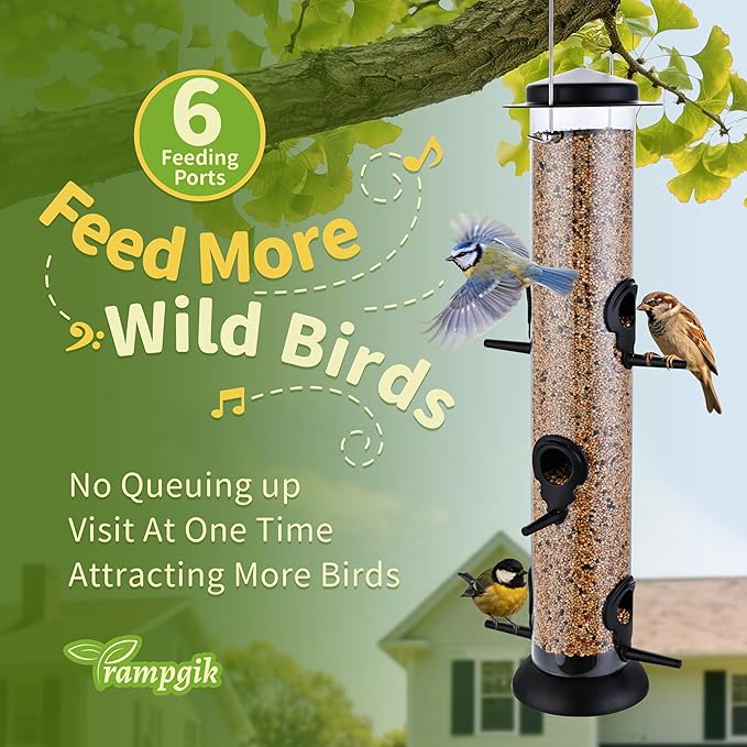 Bird Feeders for Outdoors Hanging,Finch Feeders for Outside,Chew-Proof Hanging Bird Feeder,Rust-Proof Birdfeeder,Squirrel Proof 6 Ports Metal Bird Feeder,14 Inch,1 Pack,Black