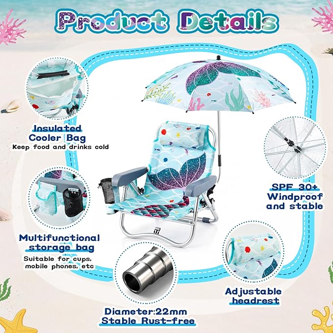 Yalikop Kids Beach Chair with 4 Positions Seaside Beach Chair with Umbrella Kids Folding Camping Seating for Boy Girls Children Sand Camping Travel Outdoor Summer Supply(Mermaid Theme)