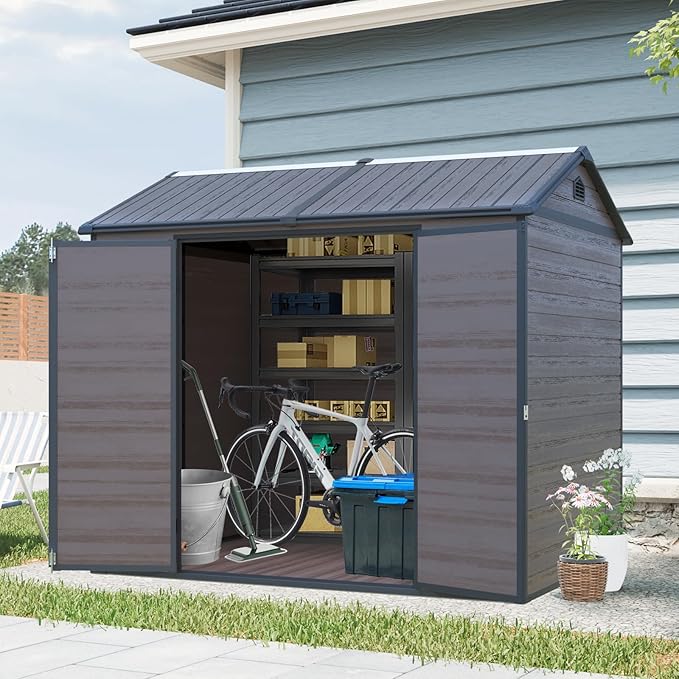 YOPTO 8x6 Ft Resin Outdoor Storage Shed Weather Resistant with Floor,Outdoor Resin Storage Shed W/ 2 Windows,Garden Tool House W/Lockable Door,Pitched Roof & 2 Air Vents,for Backyard,Patio,Lawn,Brown