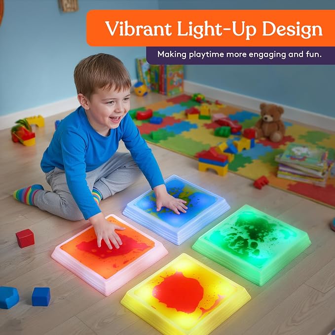 Special Supplies Liquid Gel LED Stepping Stones for Kids - Light-Up Square Balance Blocks - Promote Coordination, Balance, Strength for Toddlers & Children - Durable Non-Slip Rubber, Safe Indoor & Outdoor Play- 4 Pack