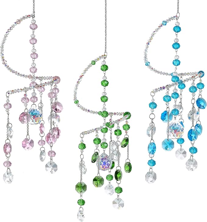 H&D HYALINE & DORA 3 Pcs Crystal Suncatchers, Spiral Sun Catchers Indoor Window, Boho Healing Wind Chimes Hanging Crystals for Home Garden Wedding Decoration(Pink,Green,Blue)