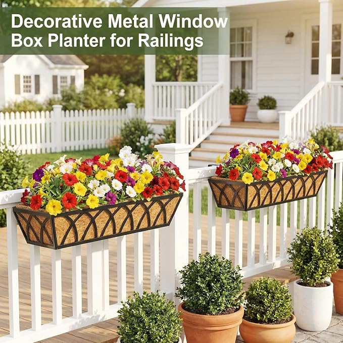 HFHOME 30 Inch Railing Planter Box with Coco Liners and Adjustable Brackets for Porch, Fence, Patio, Balcony Hanging Flower Railing Baskets, Outdoor Garden - 6 Packs
