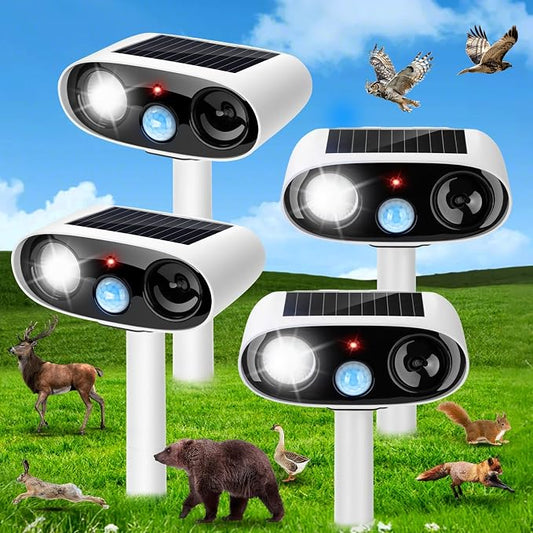 4Pack Solar Animal Repellent Outdoor,Ultrasonic Animal Deterrent with Flash Light,Waterproof Ultrasonic Deer Repeller&Cat Repellent Devices for Garden Yard,Control Rabbit Raccoon Dog Squirrel
