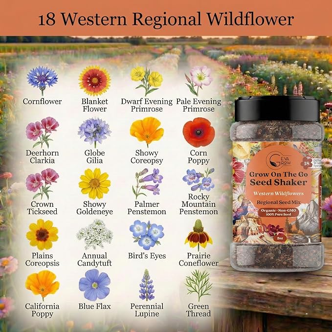 GevaGrow on the Go Seed Shaker - Western Wildflower Seeds Regional Mix - Organic, Non-GMO - 100% Pure Seed - 18 Different Wildflowers Seeds of Annual and Perennial, 2oz