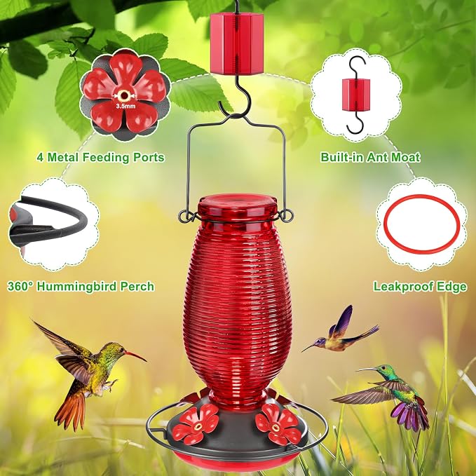 FEED GARDEN Glass Hummingbird Feeder + Shepherds Hooks 60” 1 Pack