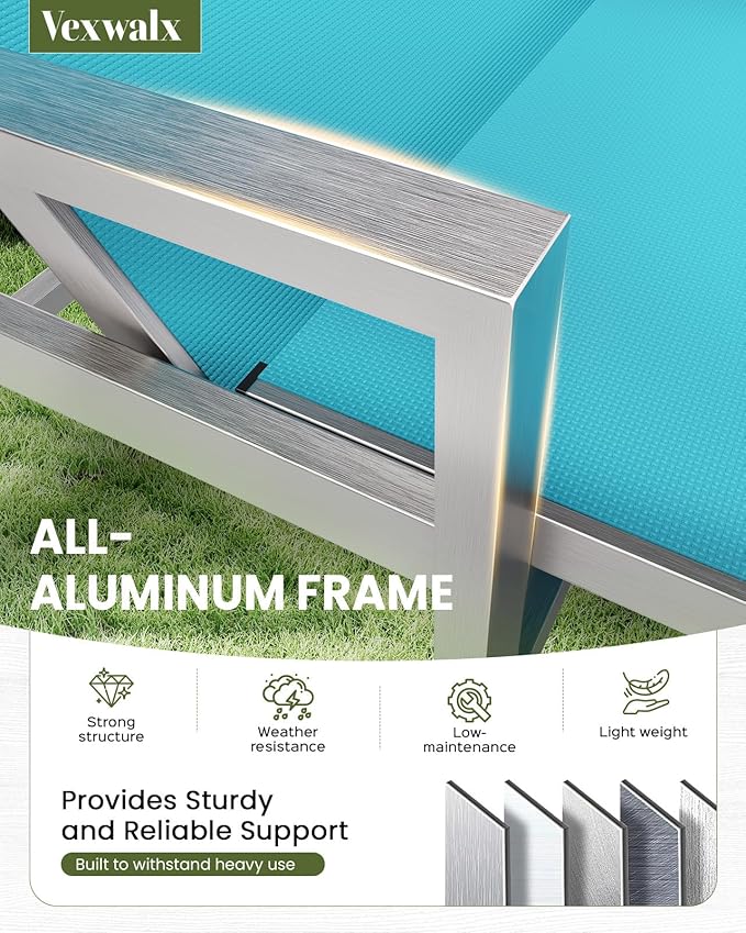 Patio Chaise Lounge Chair Outdoor Set of 2 with Wheels&Armrests, Aluminum Pool Lounge Chairs Five-Position Adjustable Recliner, Outdoor Beach Lounge Chairs for Poolside, Patio, Deck, Yard, Lake Blue