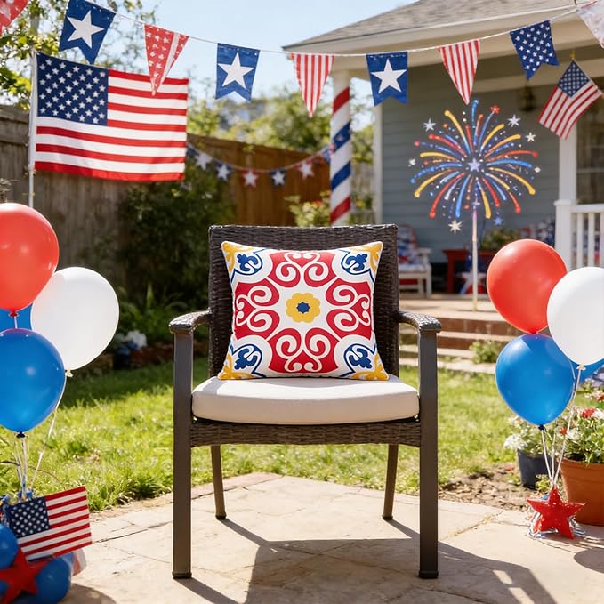 Pyonic 4th of July Outdoor Pillows Waterproof Throw Pillow Covers Set of 4 Red Blue White Floral Printed Patriotic Outdoor Pillow Covers for Patio Funiture Garden 18x18 Inch-Double Side
