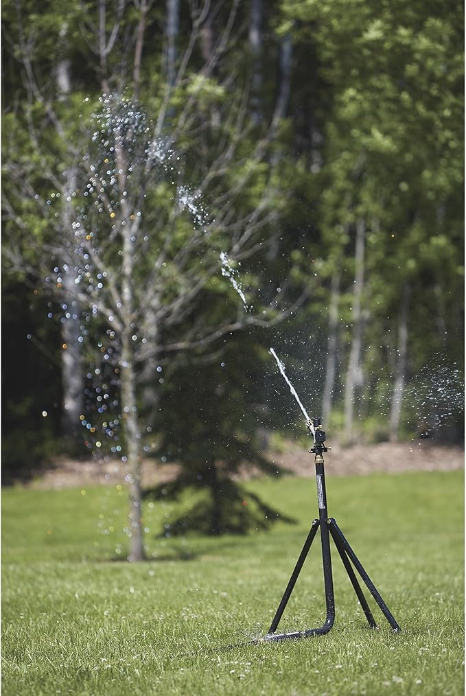 Strongway Tripod Sprinkler with Round Base, 1 in. Brass Head with 3 Nozzles, 120 Ft. Diameter Coverage, 11000 Sq. Ft., 7-14 GPM, Adjustable Full and Partial Circle, for Lawn, Farm and Garden