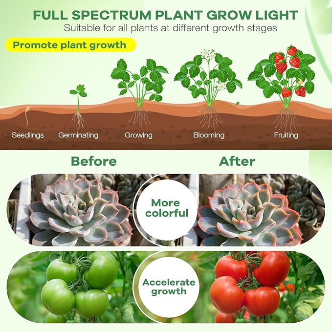 Led Grow Lights, 3 Heads Full Spectrum Plant Light with Clamp for Indoor Plants & Seed Starting, 10-Level Dimmable, Auto On Off, Timing 3 9 12Hrs