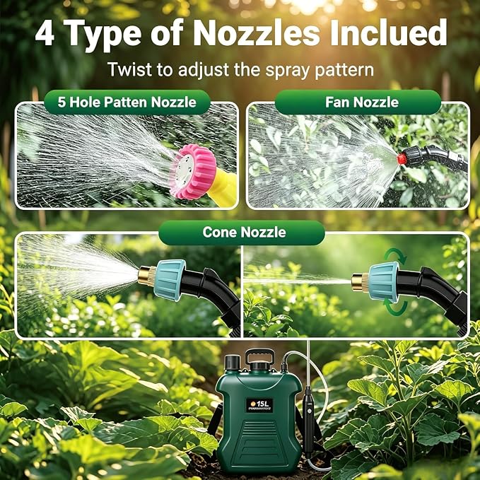 Battery Powered Garden Sprayer, 4 Gallon Backpack Retractable Electric Weed Sprayer with 3 Mist Nozzles, Rechargeable Telescopic Wand, Water Pump Sprayers for Lawn and Yard Plant Care - FURRELOR