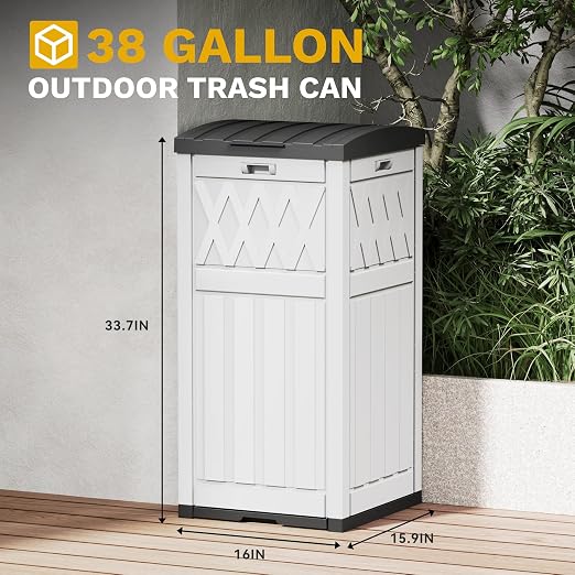 DWVO 38 Gallon Outdoor Trash Can, Resin Garbage Can with Tiered Lid and Drip Tray, Waterproof Trash Bin for Patio, Kitchen, Backyard(Grayish-White)
