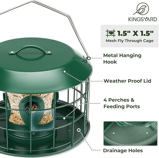 Kingsyard Tube Squirrel Proof Bird Feeders for Outdoor Hanging, Metal Caged Bird Feeder with Rain Proof Covered for Wildbirds Finches Bluebird, 4 Feeding Ports, Green