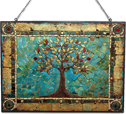 Customized Rectangle Tree of Life Stained Glass Window Hanging Sun Catcher Halloween Haning Ornament Decoration Christmas Birthday Gifts for Lover Friends Mother