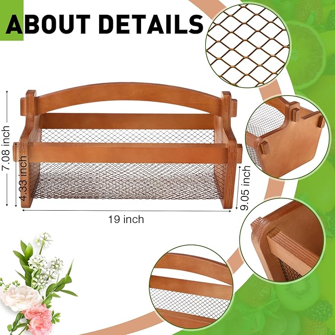 Teenyyou Garden Harvest Basket Mesh Storage with Handle Versatile Gardening Fruits Vegetables Gathering Basket Garden Supply Gardener Gift Spring for Washing Holding(Brown,19in)