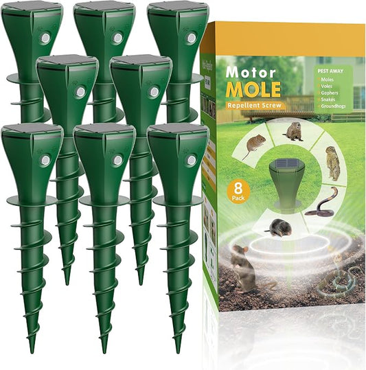 Solar Powered Animal Repellent for Yards - Waterproof Sonic Vibration Device Removes Moles, Gophers, Groundhogs, Voles, Snakes - Simple Twist Stakes for Lawn & Garden