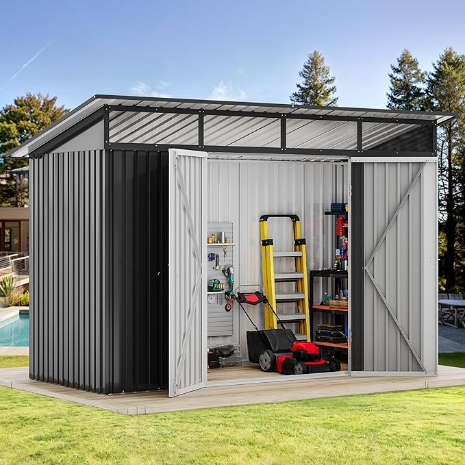 DWVO 8.5x3.5 FT Storage Shed for Bicycle, Functional Metal Tool Shelter Garden Storage Unit with Acrylic Windows, Secure Entry Lock, Water-Resistant Waste Enclosure for Outdoor Patio Garden(Dark Gray)