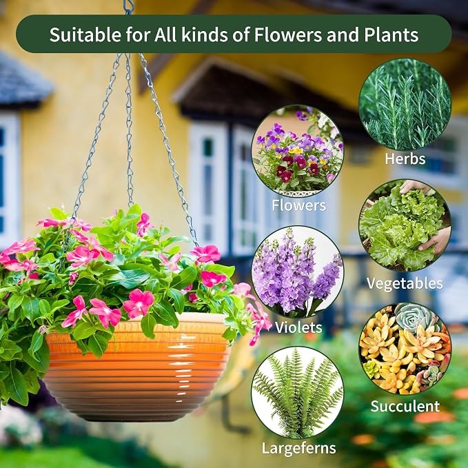 Vanslogreen 12 inch Hanging Planters for Indoor Outdoor Plants, 2 Pack Large Hanging Flower Pots with Drainage Holes and Chain, Glazed Hanging Baskets for Home Garden Decoration, Orange