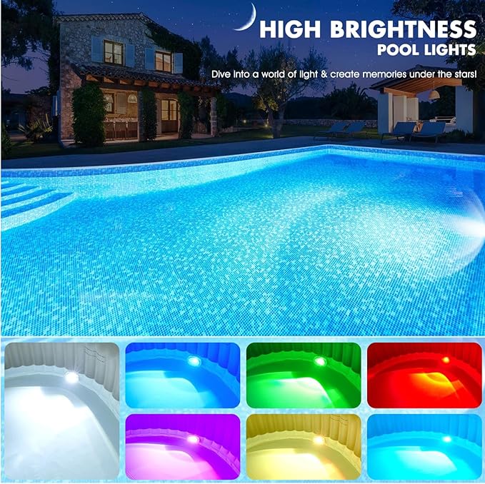Rechargeable Submersible Pool Lights with Remote, 5000mAh Underwater Led Pool Light for Above Ground Pool Lights Waterproof, 9 Modes Color Changing Magnetic Swimming Inground Pool Lights-2PC