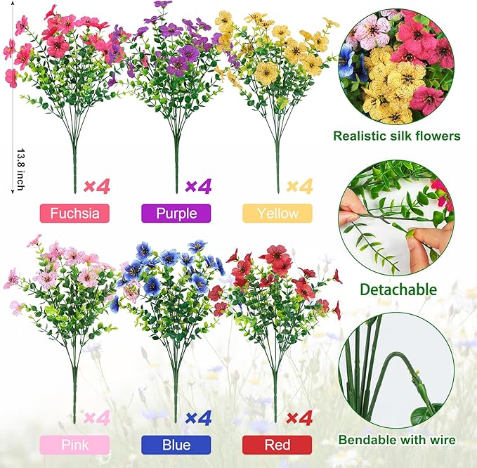 Ouddy Decor 48 Bundles Artificial Flowers for Outdoors Fake Flowers UV Resistant Faux Plastic Plants for Spring Summer Garden Porch Window Box Table Vase Home Indoor Outdoor Decoration, Mixed
