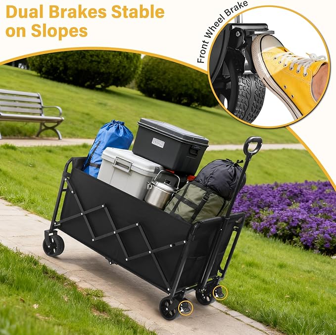 Collapsible Wagons Carts Foldable Heavy Duty, 500LBS Collapsible Wagon Cart Foldable with Wheels & Brakes, Large Folding Wagon Cart Utility for Camping, Picnic, Beach, Grocery, Sport, Shopping