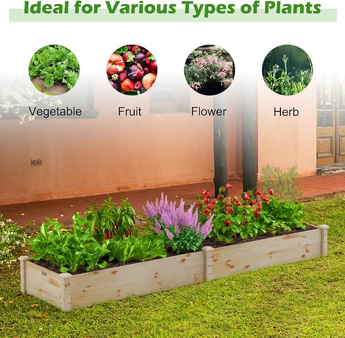 Giantex Raised Garden Bed, 95" Lx24 Wx10 H Outdoor Wood Planter Box for Vegetables Flowers Herbs Fruits, Easy-Assembly Wooden Planter Raised Bed for Backyard Garden Lawn