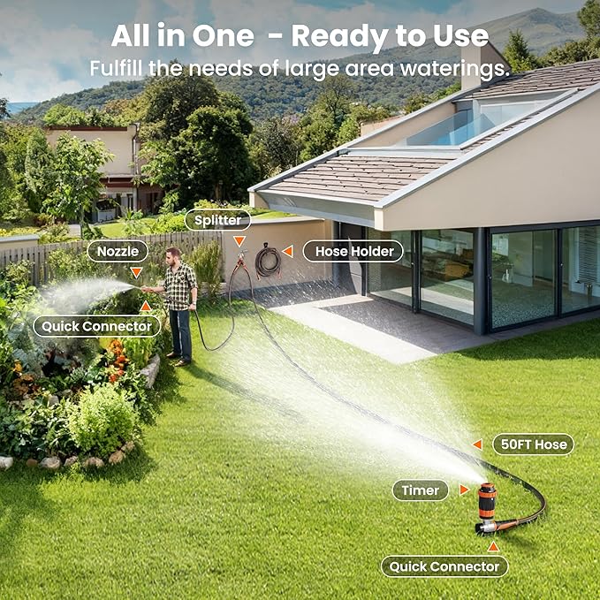 Giraffe Tools Garden Hose 5/8", Water Hose Heavy Duty, Flexible, Lightweight Hybrid Hose with Swivel Handle, with Hose Splitter, Nozzle and Yard Sprinkler, 50ft Male to Female Fittings, Burst 600 PSI