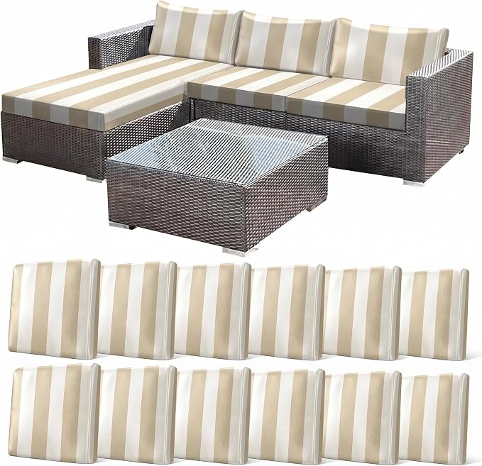 CALBODE 12 Pcs Outdoor Seat Cushion Covers, Striped Stretch Chair Seat Cover for Patio Furniture Cushions Washable Reusable Indoor and Outdoor Couch Cover Replacement (Light Brown, Cover Only)
