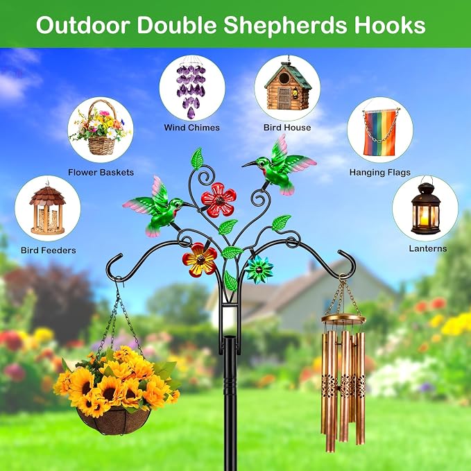 Double Shepherds Hooks for Outdoor, 2 Pack 78 Inch Bird Feeder Pole with 5 Prongs Base, Adjustable Heavy Duty Plant Hangers Hummingbird Art for Outdoor Plants Hummingbird Feeder Hanging Basket Lantern