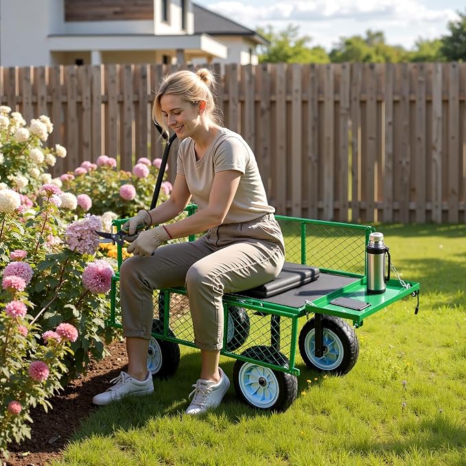 VEVOR 500 LBS Steel Garden Cart with Work Seat, Heavy Duty Garden Wagon Cart on Wheels, Outdoor Metal Utility Yard Wagon Gardening Stool with 10inch Flat Free Tires & Adjustable Handle, Green
