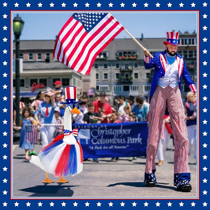 Independence Day Goose Outfit with Sunglasses & Tie,Porch Goose Outfits for 23" 17" Cement Plastic Goose Clothes Costumes, 4th of July Goose Outfit for Party Outdoor Patio Yard Lawn